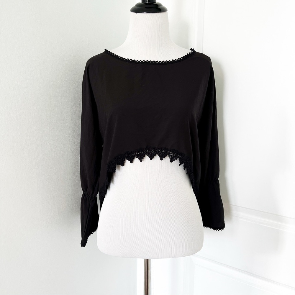 Tail of the Whale Black Open Back Lace Trim Blouse - Size 6